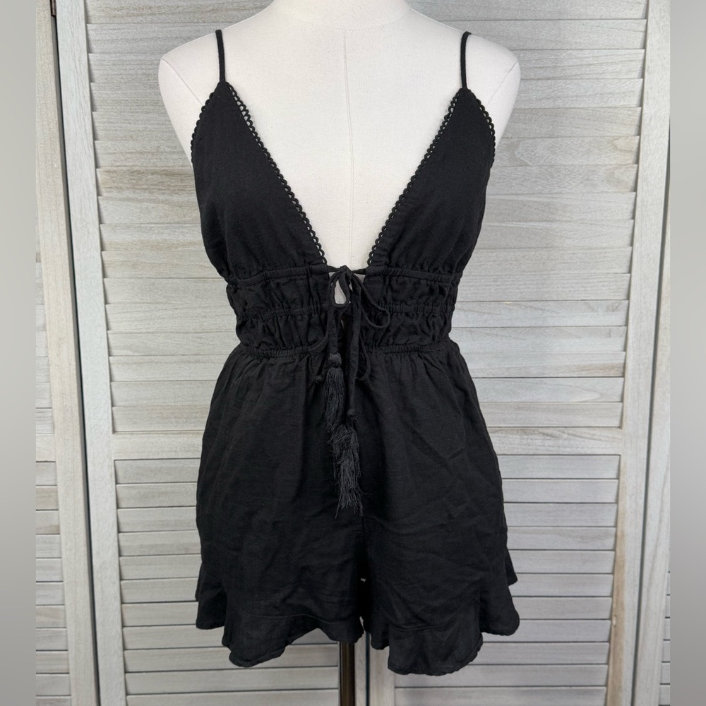 PRINCESS POLLY Colleen Black Boho Sleeveless Linen/Cotton Shortie Romper-2